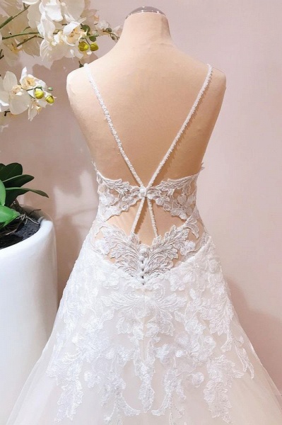 Romantic Spaghetti Straps A-line Appliques Lace Tulle Floor-length Wedding Dress_3
