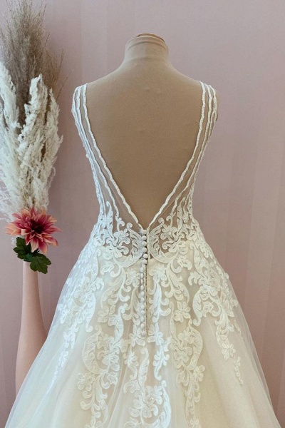 Classy Sweetheart Appliques Lace A-Line Tulle Backless Floor-length Wedding Dress_3