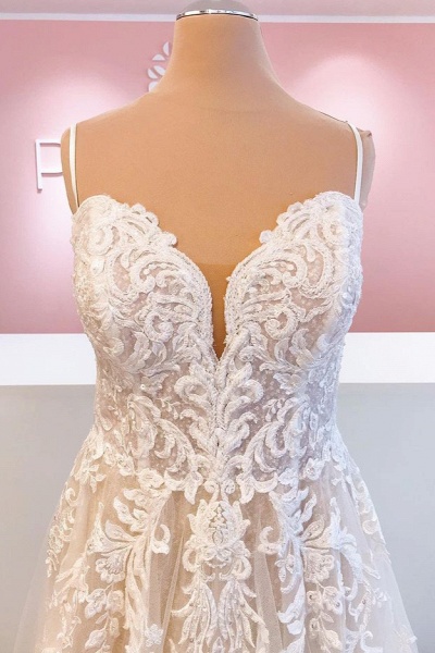 Classy Spaghetti Straps Appliques Lace A-Line Tulle Backless Wedding Dress_3