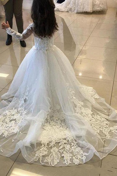 Cute Long A-line Tulle Lace Flower girl dresses with sleeves_2