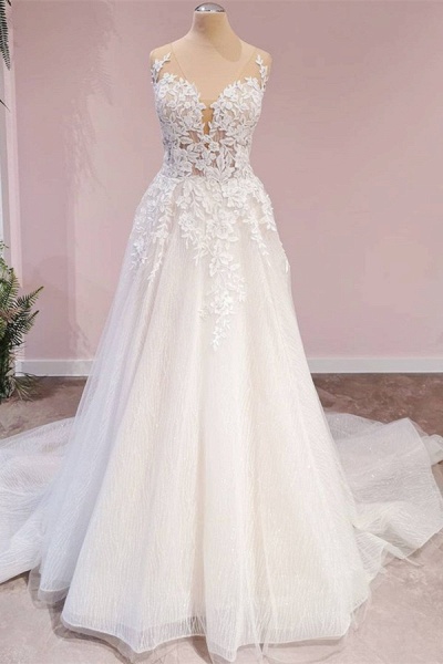 A-Line Appliques Lace Tulle Backless Sweetheart Floor-length Wedding Dress_1