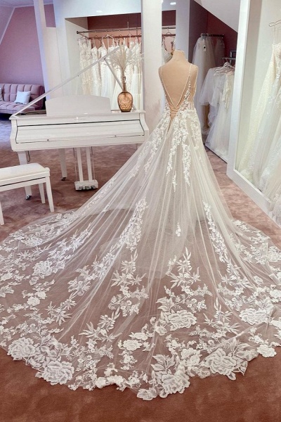 Charming Spaghetti Straps Appliques Lace Tulle Backless A-Line Wedding Dress_3
