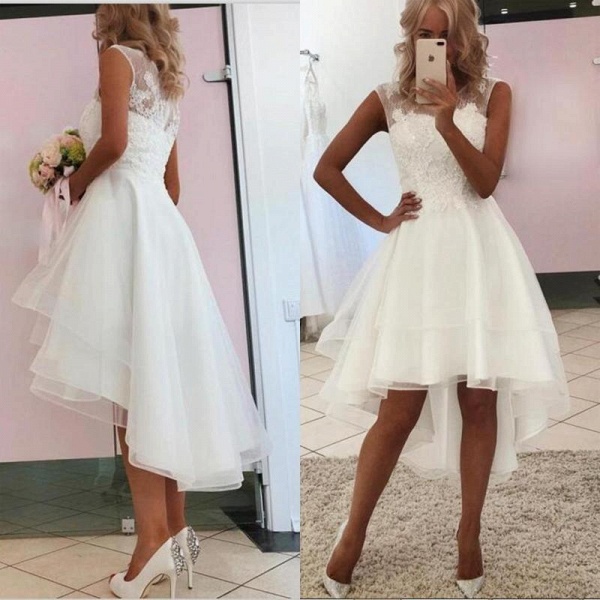 Simple High Low A-line Lace Bateau Sleeves Wedding Dress_2