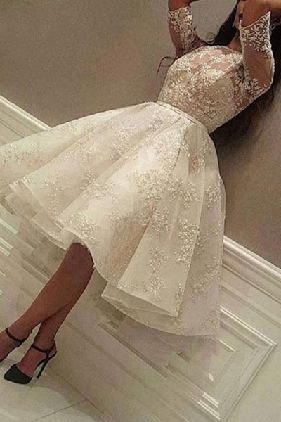 Elegant Short A-line Jewel Tulle Lace Wedding Dress with Sleeves_1