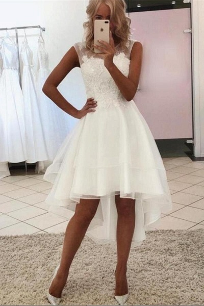 Simple High Low A-line Lace Bateau Sleeves Wedding Dress_1