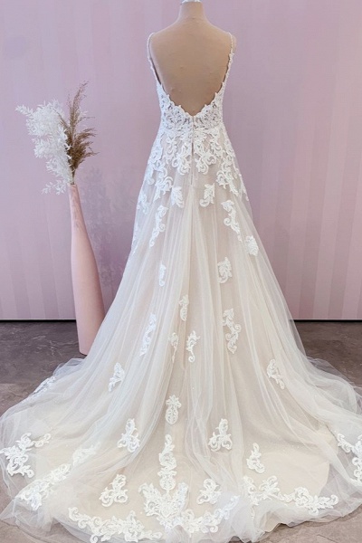 Stunning Spaghetti Straps Appliques Lace A-Line Tulle Floor-length Wedding Dress_2