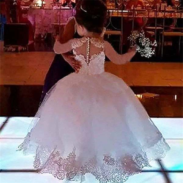 Cute Ball Gown Long Sleeves Tulle Flower Girl Dress with Lace Appliques_2