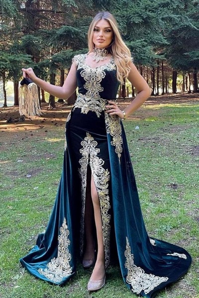 Modest Long A-line Velvet Side Slit Gold Appliques Prom Dress with Detachable Train_1