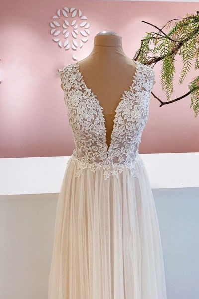 Wide Straps A-Line Ruffles Floor-length Tulle Backless Wedding Dress With Floral Lace_3