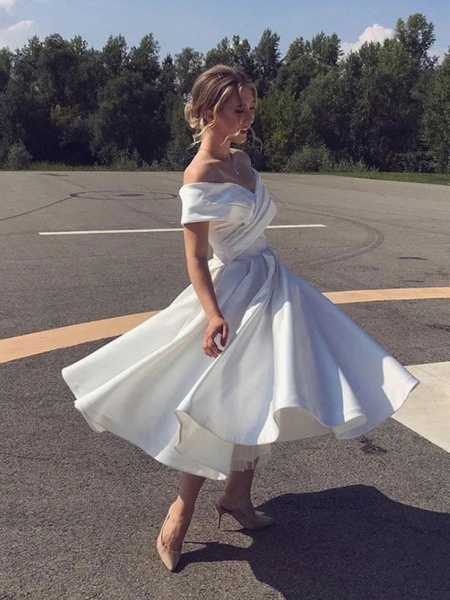 Simple Short A-line Satin Off the shoulder Wedding Dress_2