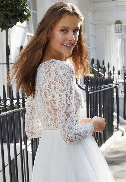 Chic Short A-line Tulle Jewel Lace Wedding Dress with Sleeves_4