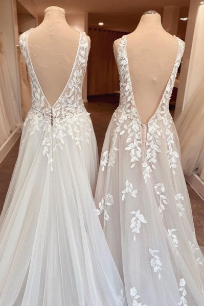 Classy A-Line Sweetheart Appliques Lace Open Back Ruffles Wedding Dress_4