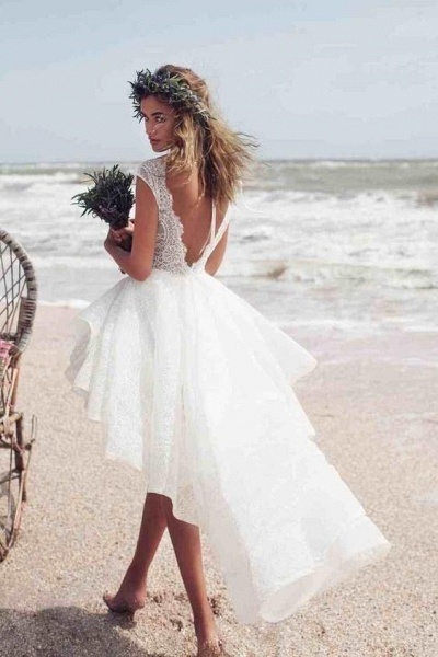 Boho High Low A-line Bateau Lace Beach Wedding Dress_2