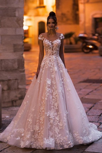 Elegant A-Line Bateau Appliques Lace Backless Floor-length Sequins Wedding Dress_1