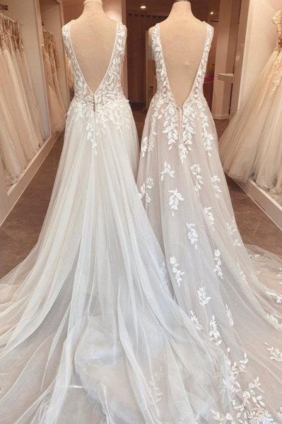 Classy A-Line Sweetheart Appliques Lace Open Back Ruffles Wedding Dress_2