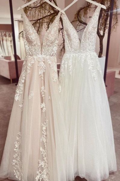 Modest Long A-line V-neck Backless Tulle Lace Wedding Dress MT072_1