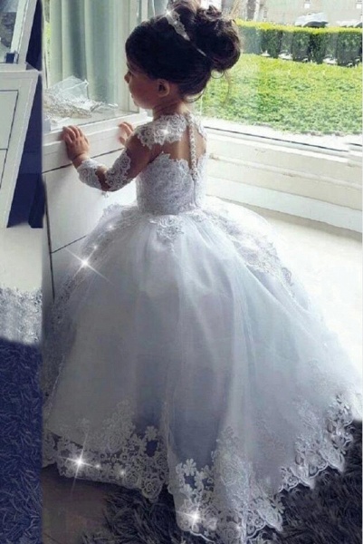 Long Princess Tulle Lace Scoop Neck flower girl dresses with Sleeves_2