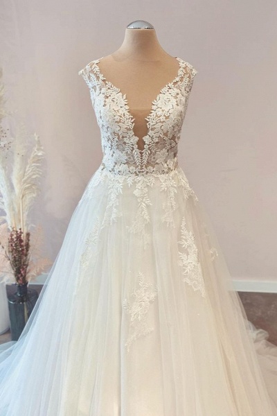 Sweetheart Floral Lace Floor-length A-Line Tulle Ruffles Wedding Dress_2