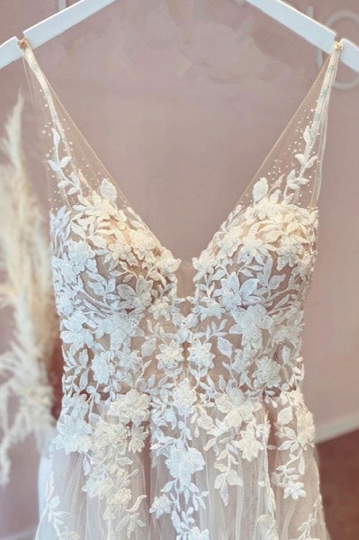 Elegant Long A-line V-neck Tulle Appliques Lace Open Back Wedding Dress MT074_2
