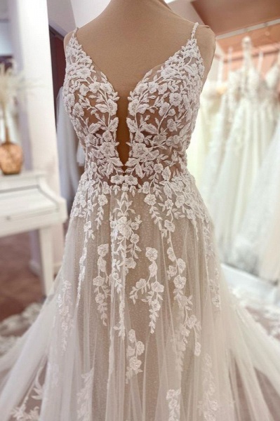 Charming Spaghetti Straps Appliques Lace Tulle Backless A-Line Wedding Dress_2