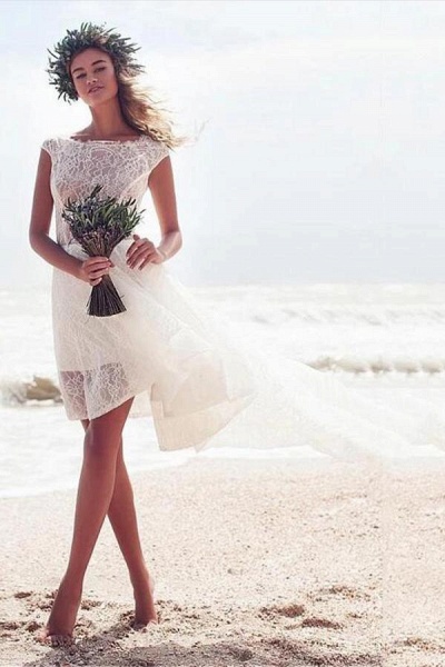 Boho High Low A-line Bateau Lace Beach Wedding Dress_1