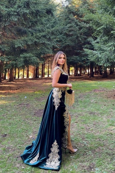 Modest Long A-line Velvet Side Slit Gold Appliques Prom Dress with Detachable Train_2