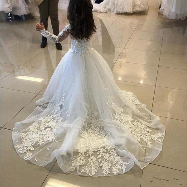 Cute Long A-line Tulle Lace Flower girl dresses with sleeves_3