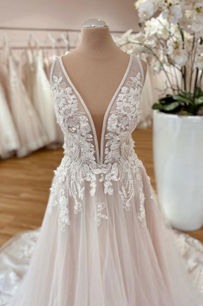 A-Line Wide Straps Tulle Floor-length Wedding Dress With Floral Lace_2