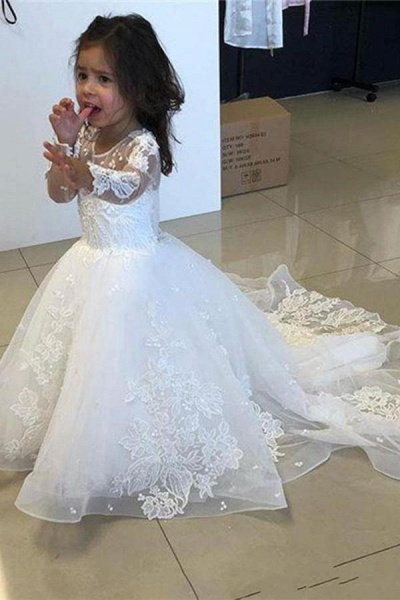 Cute Long A-line Tulle Lace Flower girl dresses with sleeves_1