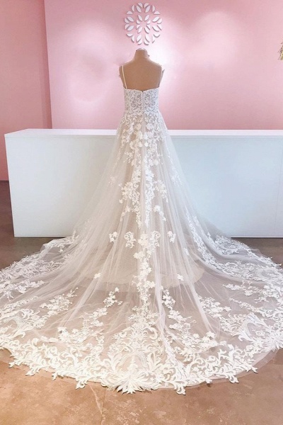 Classy Spaghetti Straps Appliques Lace A-Line Tulle Backless Wedding Dress_2
