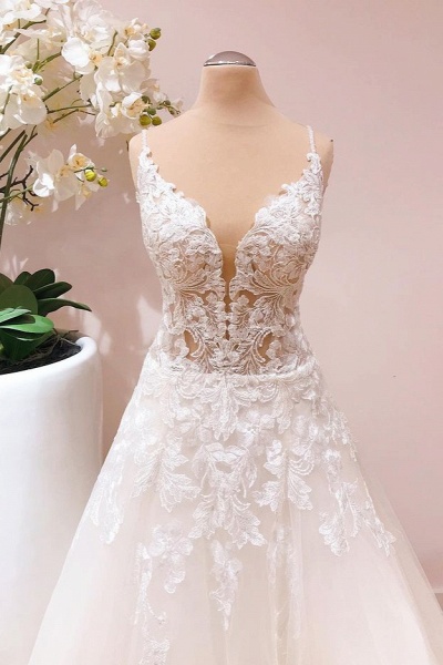 Romantic Spaghetti Straps A-line Appliques Lace Tulle Floor-length Wedding Dress_2