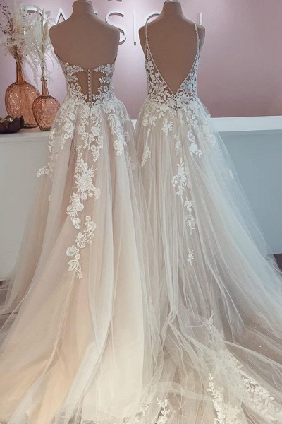 Pretty Tulle Lace Appliques A-Line Backless Floor-length Wedding Dress_2