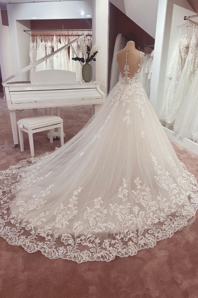 Attractive Appliques Lace A-Line Sweetheart Tulle Floor-length Wedding Dress_3