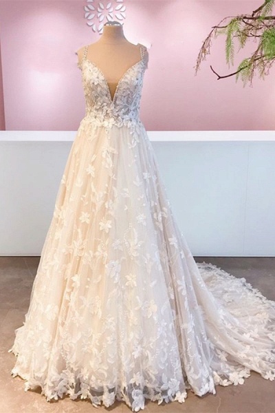 Romantic A-Line Sweetheart Appliques Lace Tulle Floor-length Wedding Dress_1