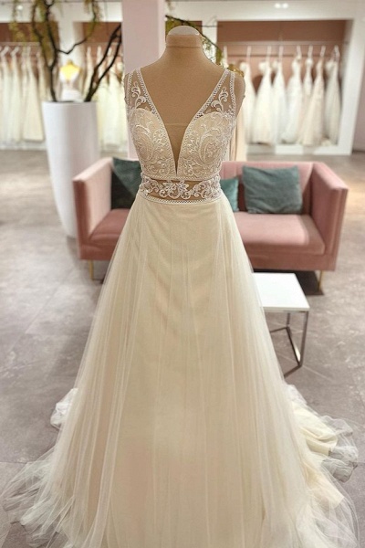 Sweetheart A-Line Tulle Floor-length Wedding Dress With Appliques Lace_1