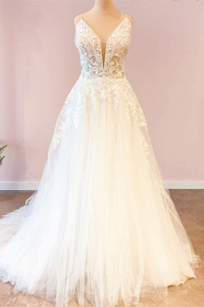 Attractive Sweetheart Spaghetti Straps A-Line Tulle Floor-length Wedding Dress_1