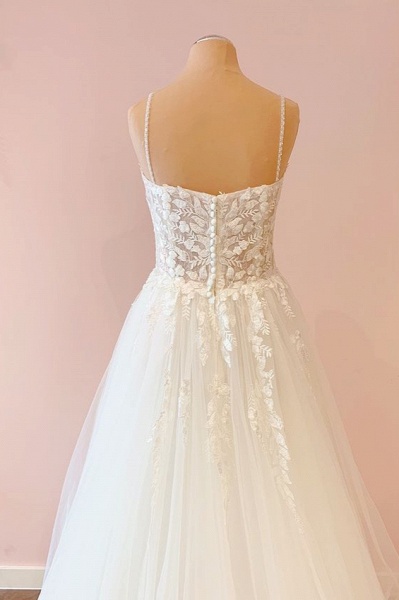 Pretty A-Line Spaghetti Straps Sweetheart Tulle Appliques Lace Wedding Dress_4