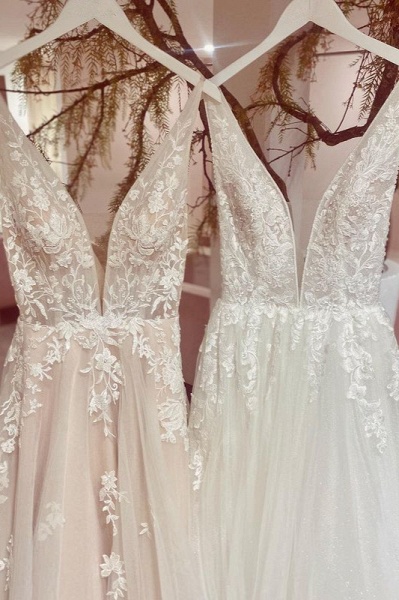 Modest Long A-line V-neck Backless Tulle Lace Wedding Dress MT072_3