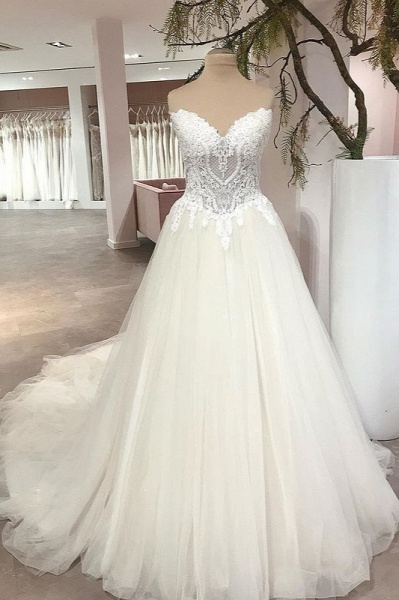 A-Line Sweetheart Backless Tulle Appliques Lace Floor-length Wedding Dress_1