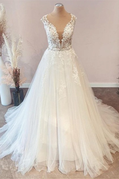 Sweetheart Floral Lace Floor-length A-Line Tulle Ruffles Wedding Dress_1