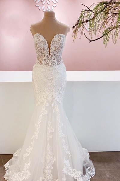 Classy Sweetheart Backless Floor-length Mermaid Wedding Dress With Appliques Lace_1