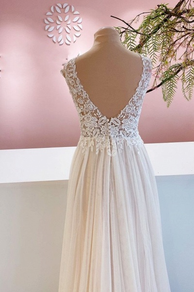 Wide Straps A-Line Ruffles Floor-length Tulle Backless Wedding Dress With Floral Lace_4