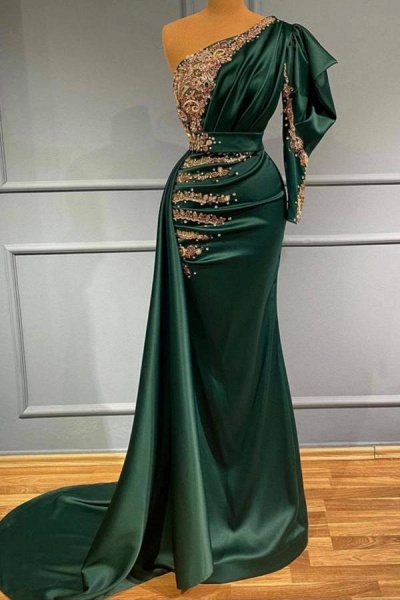 Elegant Long Mermaid One Shoulder Prom Dress with Shiny Golf Pearls Crystals Embellishment_1