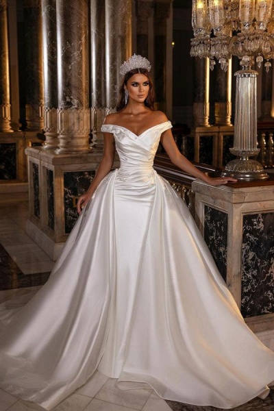 Gorgeous A-Line Off-the-shoulder Sweetheart Backless Ruffles Appliques Satin Wedding Dress_1