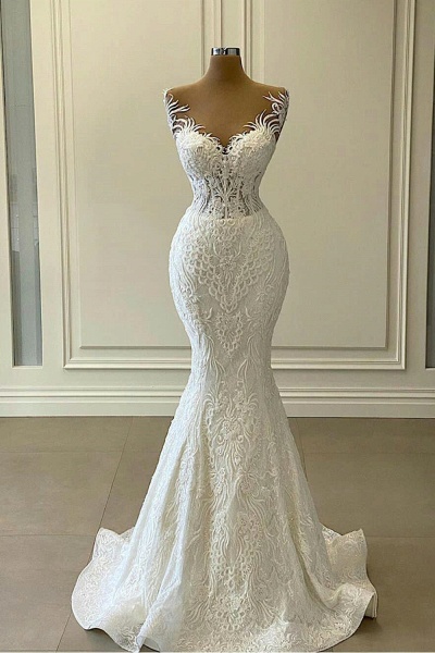 Stunning Sweetheart Appliques Lace Mermaid Wedding Dress With Detachable Train_2