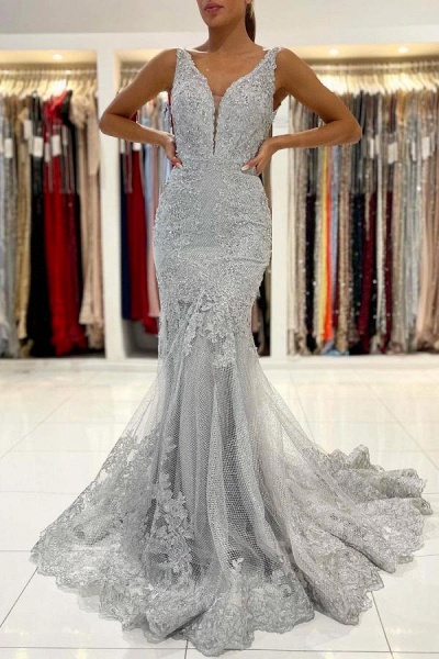 Long Mermaid V-neck Tulle Ruffles Lace Open Back Prom Dress_1