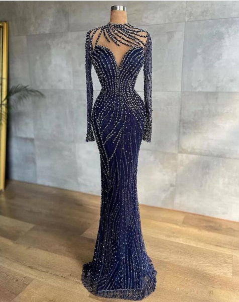 Unique High Neck Long Sleeve Crystal Floor-length Tulle Mermaid Prom Dress_2