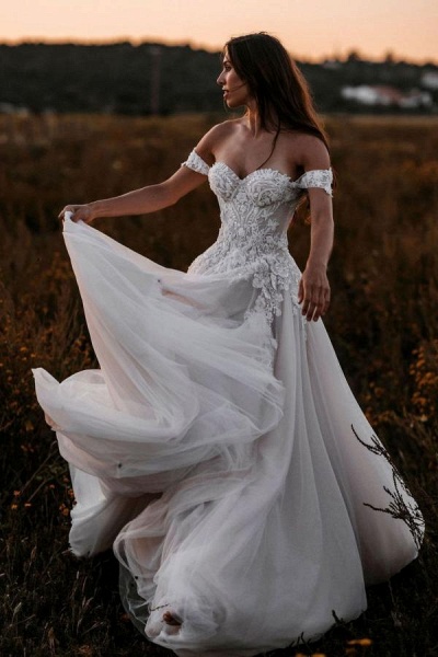 Gorgeous Long A-line Off-the-shoulder Tulle Wedding Dress with Appliques Lace_1