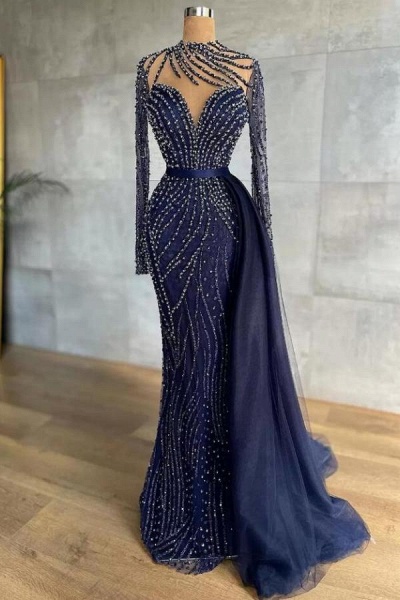 Unique High Neck Long Sleeve Crystal Floor-length Tulle Mermaid Prom Dress_1