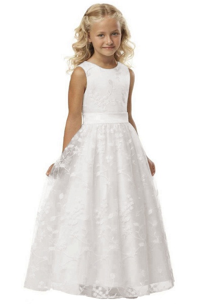 Cute Long A-line Jewel Lace Sleeveless Floor length Flower Girl Dress_1